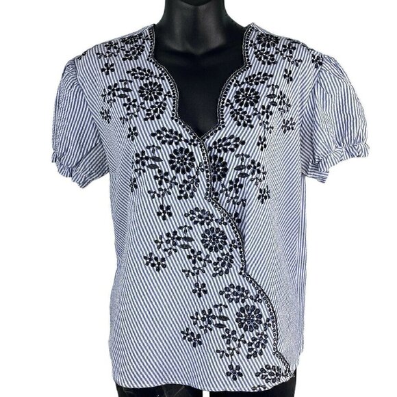 Zara Basic Seersucker Short Sleeve Floral Embroidered Wrap Front  Women’s XS - Picture 1 of 8